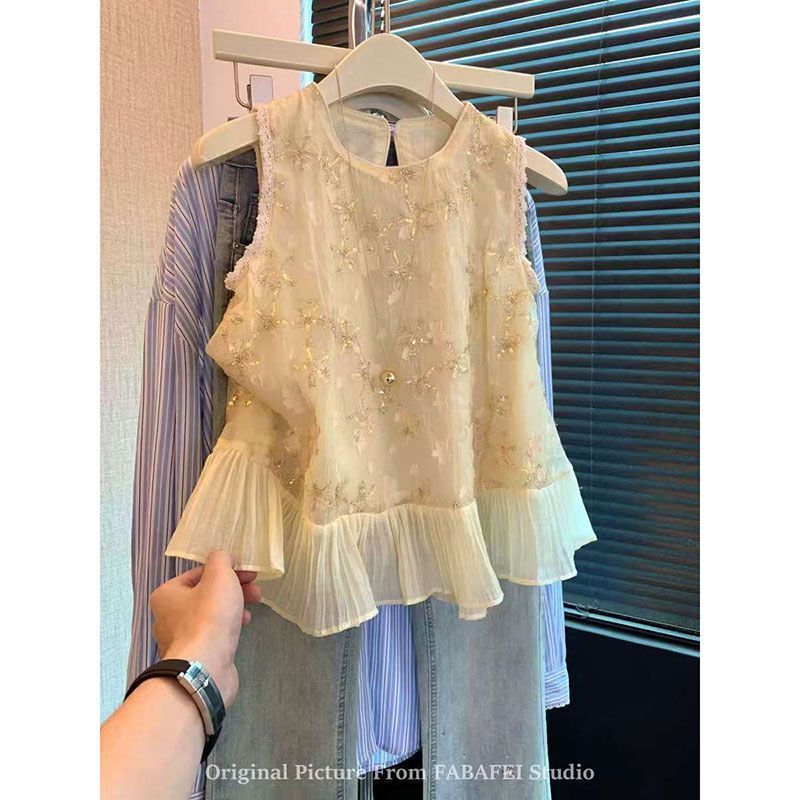 French-Style Hem Mesh Heavy Sequin Shirt for Women, Summer High-End Sleeveless Babydoll Top with Skirt Hem