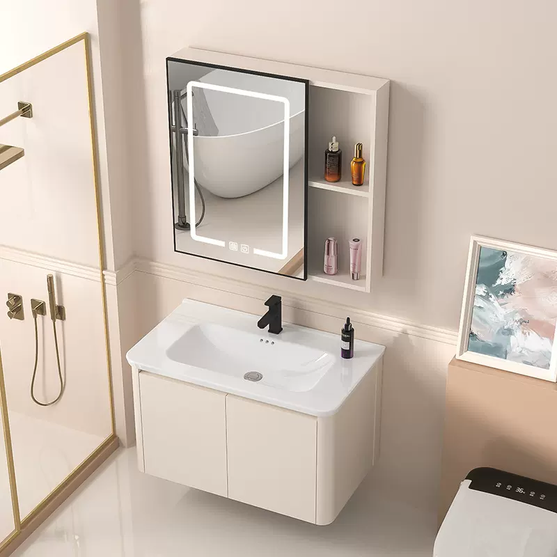 卫生间洗手盆柜组合奶油蜂窝铝圆弧浴室柜陶瓷一体洗脸盆洗漱台柜