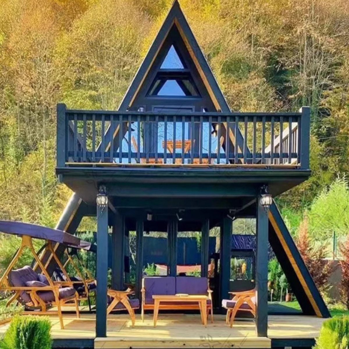 Nuevo estilo de acero triangular casa de madera móvil diseño arquitectónico hotel al aire libre camping casa de marco de madera