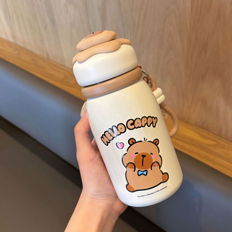 卡皮巴拉保温杯可爱儿童吸管杯上学专用316不锈钢防摔斜跨大肚杯|undefined