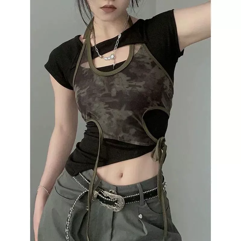 Тонкий сетчатый принт, облегающий крой, нерегулярный камуфляж, летний ретро короткий топ, комплект из двух предметов, подвязка на шее для горячих девушек