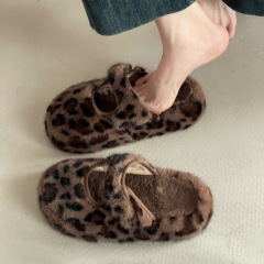 复古豹纹一字带女生毛毛鞋秋冬季时尚绒面百搭休闲厚底一字棉拖潮
