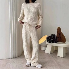 2025秋冬高腰垂感阔腿裤套装女宽松毛衣＋显瘦裤子轻奢法式通勤风
