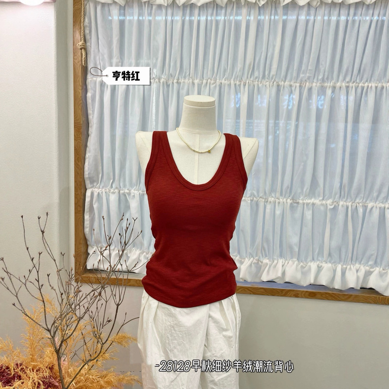 Korean-Style Goose-Neck Collar Linen-Cotton Comfortable High-Elastic Vest for Women, Solid Color, Slim Fit, Wide Shoulder Straps, with Chest Pads 28128 Korean-Style Goose-Neck Collar Linen-Cotton Comfortable High-Elastic Vest for Women, Solid Color, Slim Fit, Wide Shoulder Straps, with Chest Pads 28128