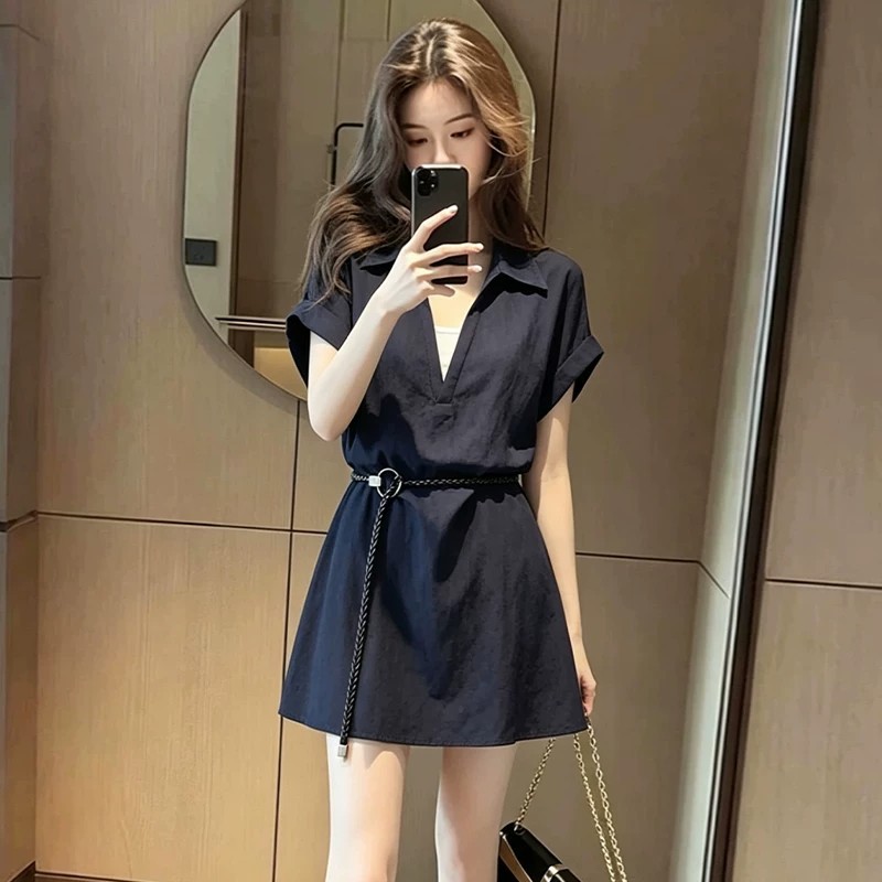 Váy suông nữ tay ngắn cổ lật thiết kế giả hai lớp — đen chi tiết 3