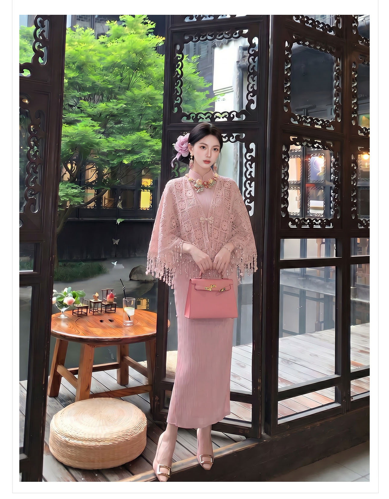 Bộ váy đầm maxi thắt eo kiểu Trung Hoa cải tiến kèm áo khoác choàng tua rua — Trang chủ, bộ đồ, váy liền, váy xanh chi tiết 23