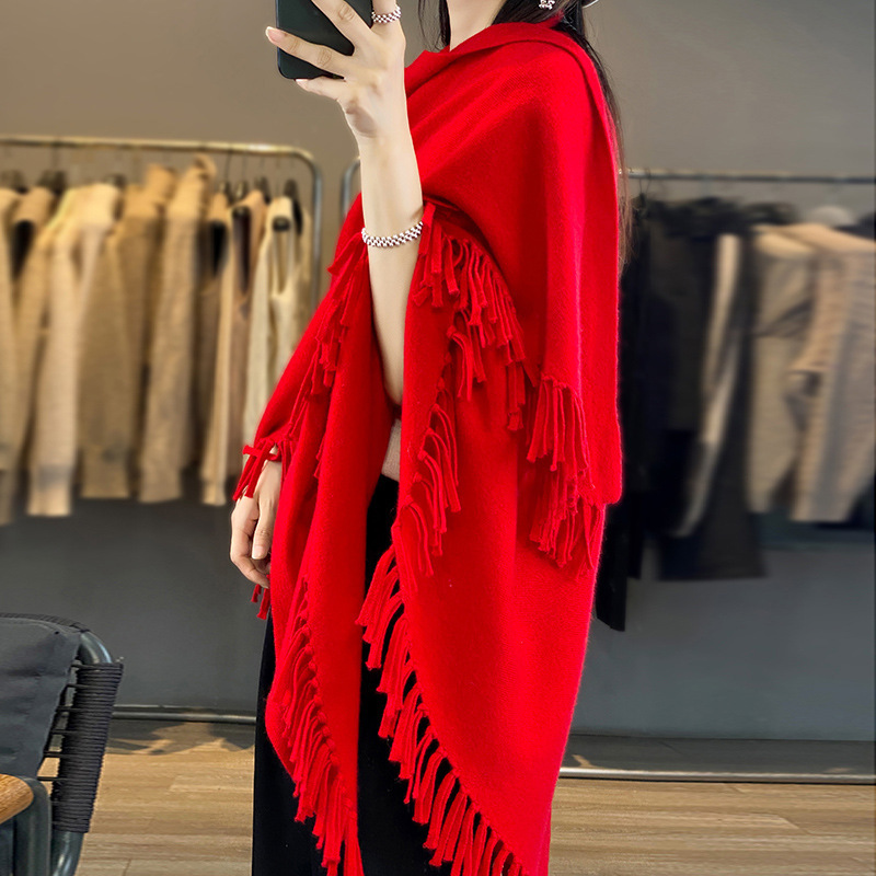 Otoño e invierno europeo y americano chal de lana capa de borla ropa exterior de las mujeres manta bufanda suelta sin hebilla abrigo de punto suéter de las mujeres