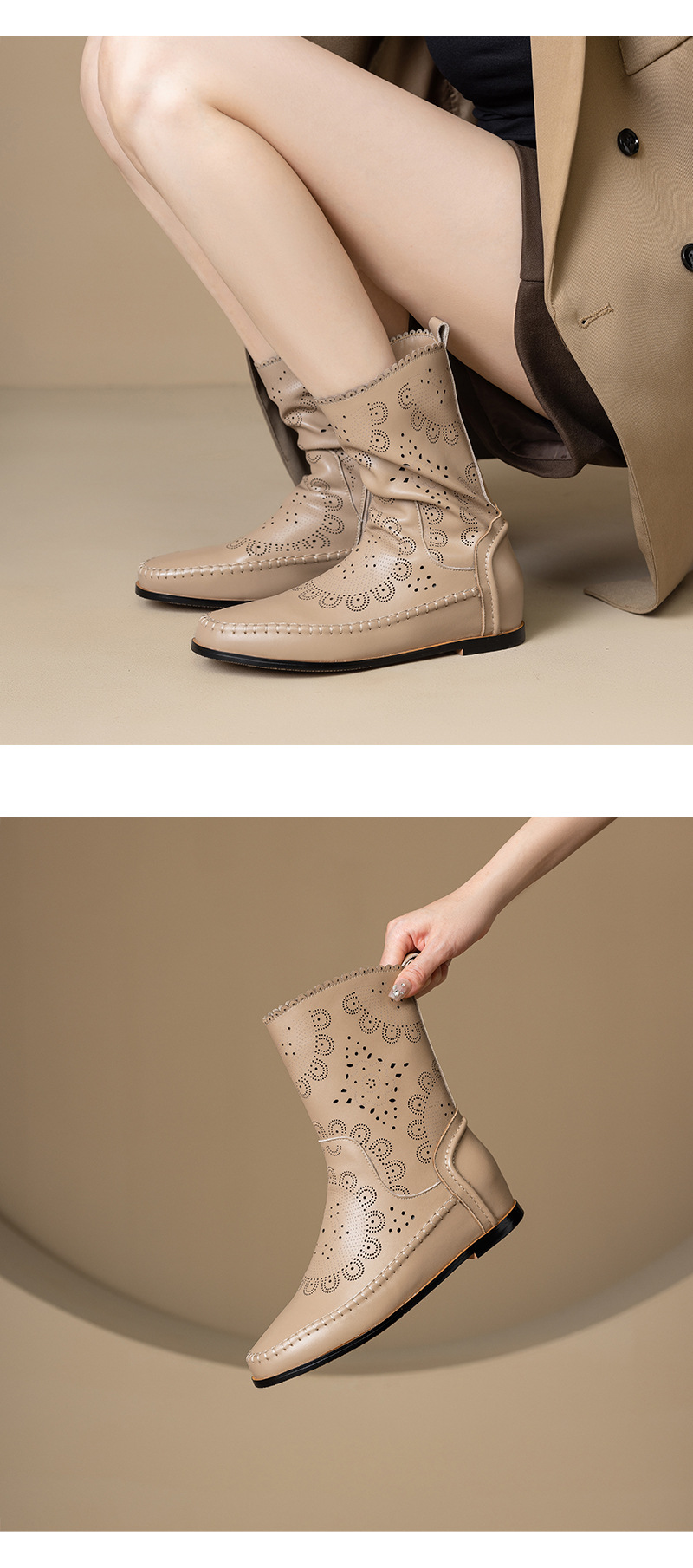 Boot nữ cổ thấp da bò đục lỗ đế xuồng đốt hoa — Màu be [lót một lớp] chi tiết 10