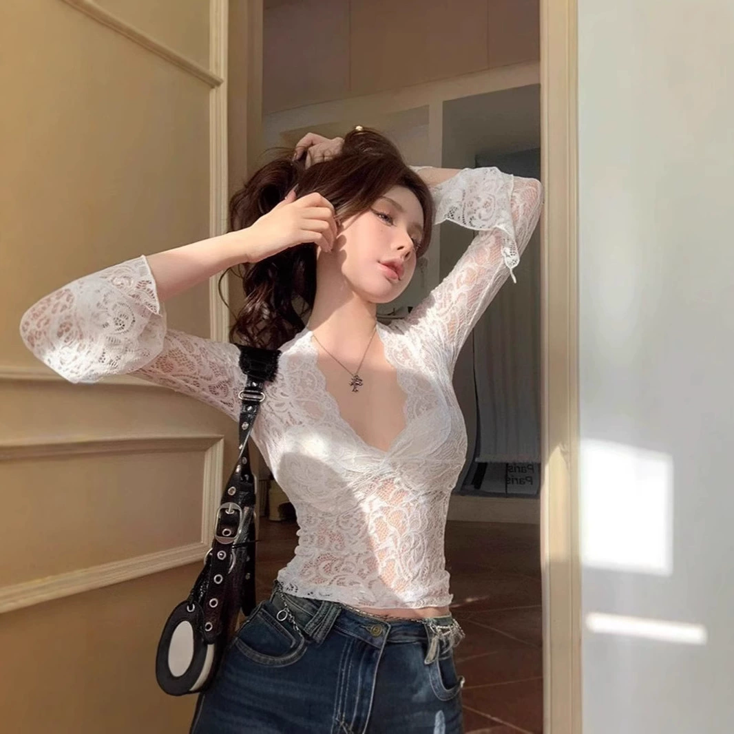 Кружевное сексуальное базовое bodysuit с длинным рукавом, европейский стиль, V-образный вырез