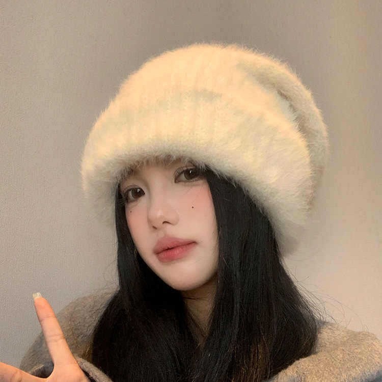 大头围加绒加厚兔毛毛线帽秋冬季甜美百搭帽子女显脸小护耳堆堆帽|undefined