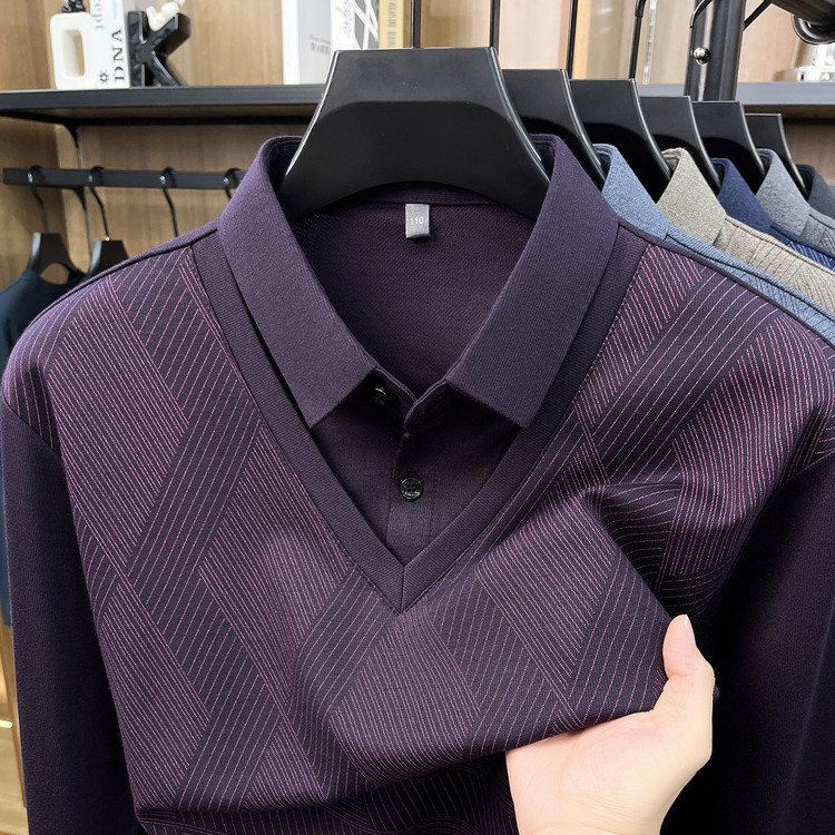 New autumn fashion long-sleeve t-shirt for dads, middle-aged men's faux two-piece shirt with collar, base shirt for middle-aged and elderly men