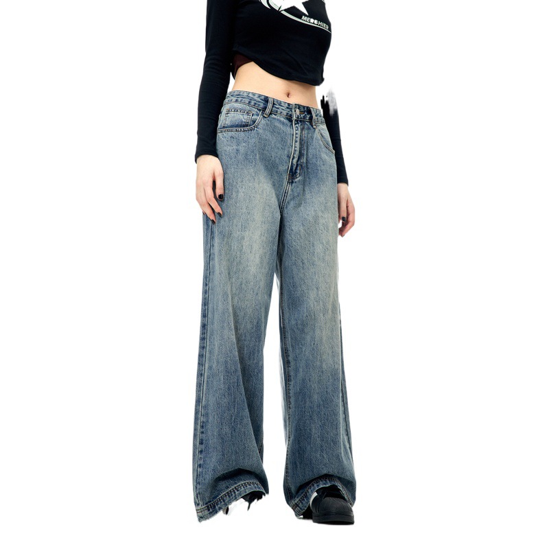 11KN Vaqueros de pierna recta azules retro americanos para hombres y mujeres, pantalones de pierna ancha informales, holgados, versátiles, modernos, sencillos y limpios