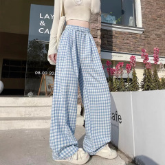 ドーパミンリラックスコントラストカラーチェック柄ストレートカジュアルパンツ女性用怠惰な夏薄いハイエンド山本ワイドレッグパンツ