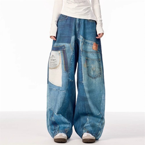Spring and Autumn American Street Retro Design Patchwork Print Jeans for Men and Women Loose Straight Leg Wide Leg Pants
