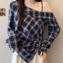 高级感格子斜肩长袖衬衫早秋2025新款大码女装胖mm不规则收腰上衣