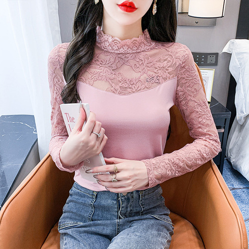 Long-sleeved lace bottoming shirt for women, slim-fitting thin shirt, top, half turtleneck T-shirt, slim-fitting lace shirt, autumn clothing trend