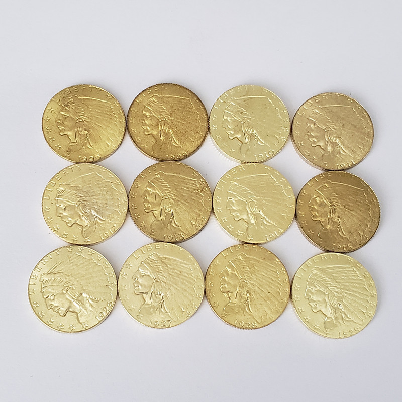 12 Different Brass Material American Indian Head 2.5 Dollar Gold Coin 1908~1915,1926~1929