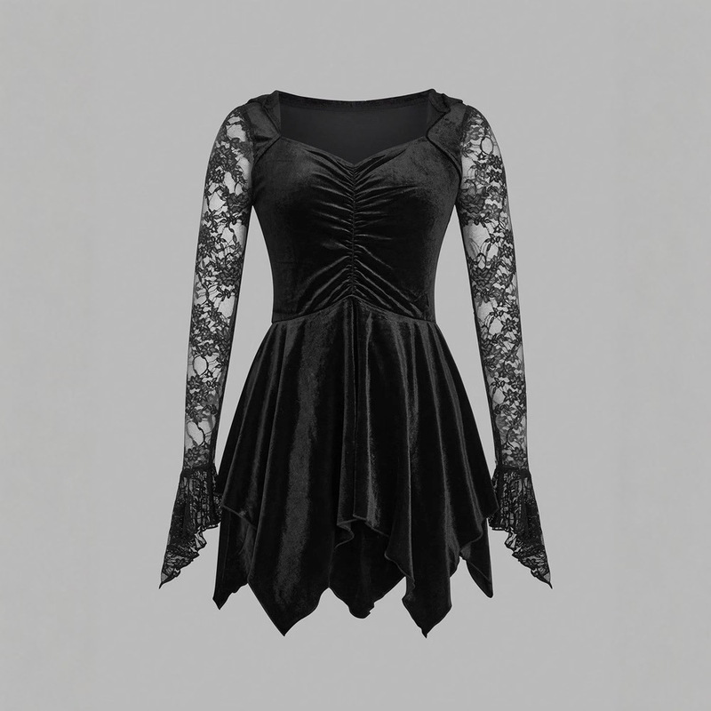Gothic Retro Lace Patchwork Women's Dress Gothic Bandage Style Women's Long-Sleeved Velvet Dress