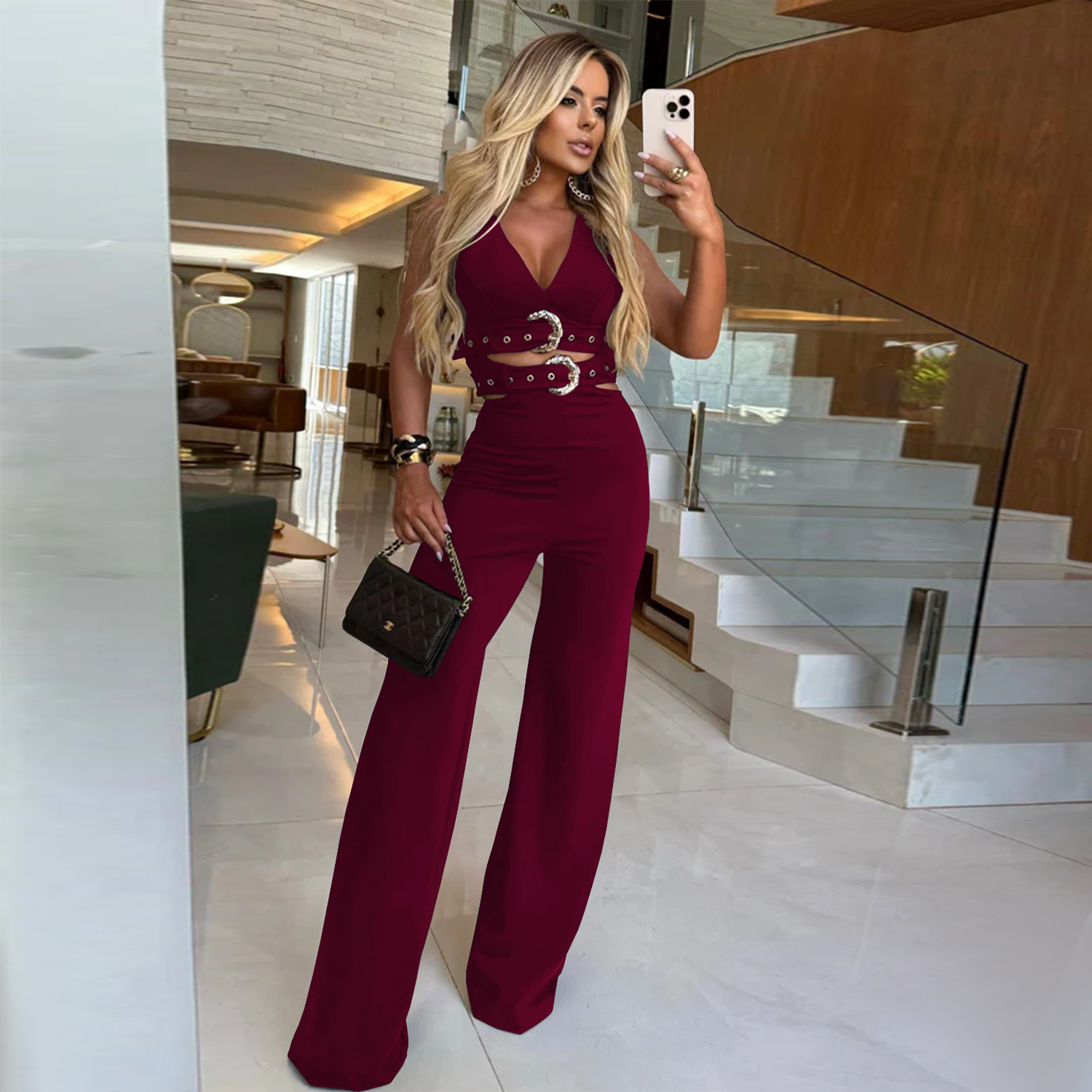 C7499 Aliexpress transfronterizo Amazon ropa de moda europea y americana de mujer cuello en v decoración cinturón de abrazadera pantalón conjunto