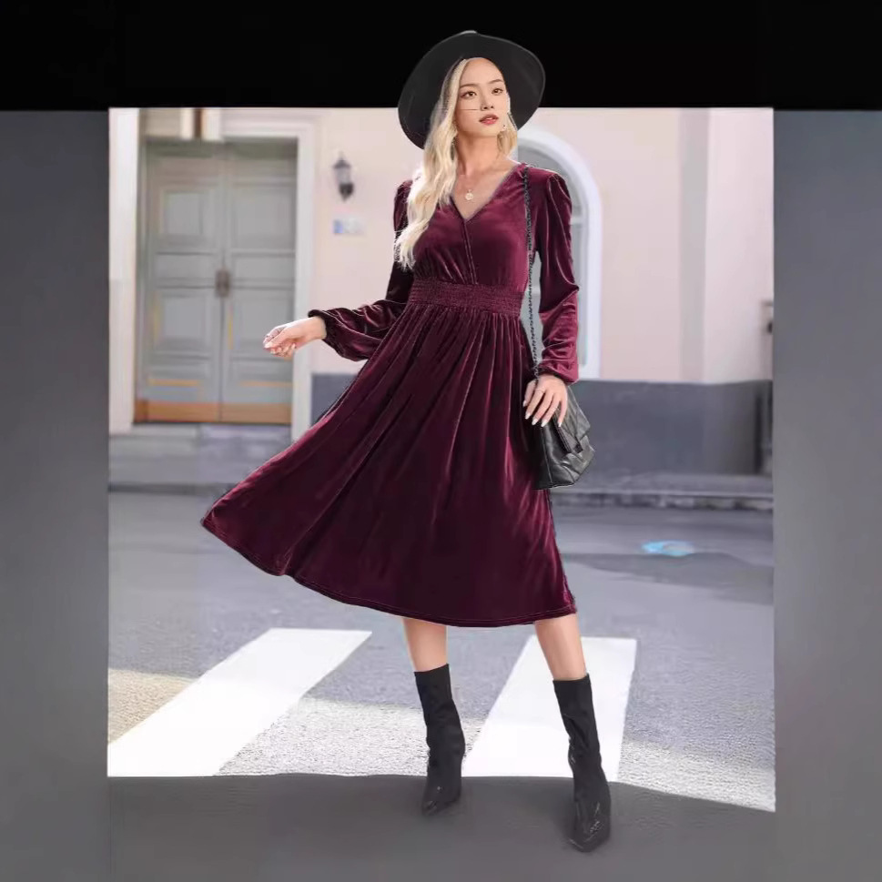 가을과 겨울 2024 새로운 단색 겉옷 긴 소매 원피스 유럽과 미국의 통근 V-NECK PLEATED 높은 허리 원피스