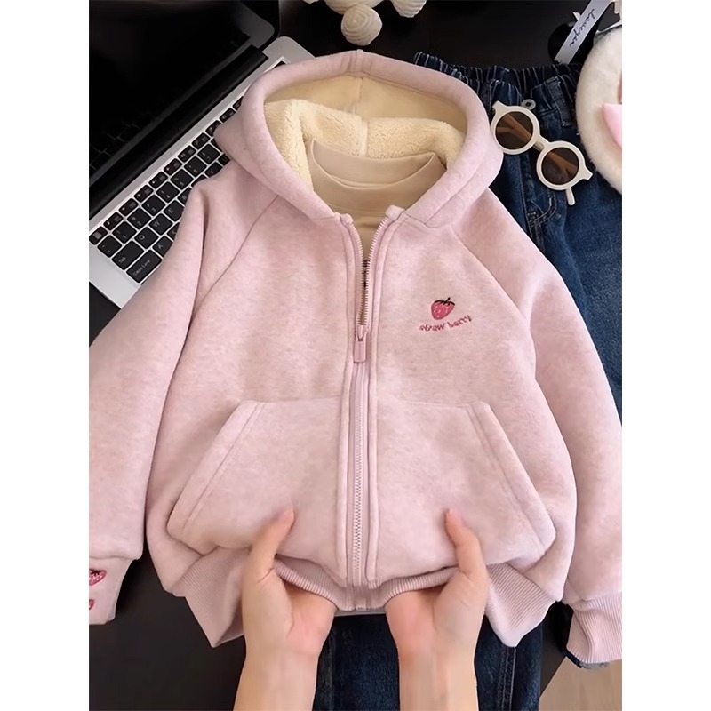 羊驼绒 女童加绒外套秋冬款2025新款女大童冬季加厚连帽开衫卫衣