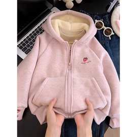 羊驼绒 女童加绒外套秋冬款2025新款女大童冬季加厚连帽开衫卫衣