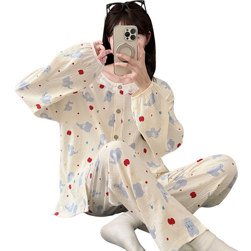 Pijamas al por mayor transfronterizos de primavera y otoño de manga larga nubes de algodón cuello redondo cordigan dulce se puede usar con ropa de casa