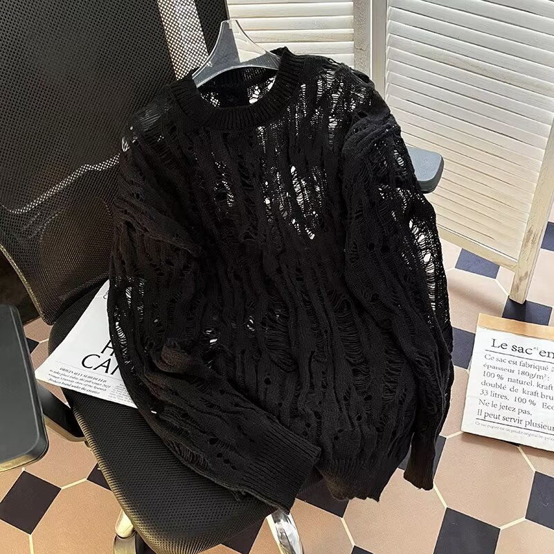 Übergroßer, lässiger Strickpullover für Herren mit einzigartigem Cut-Out-Design. Lockere Passform, lange Ärmel, bequemer Pullover für den Alltag (mehrere Farben)_voghion.com