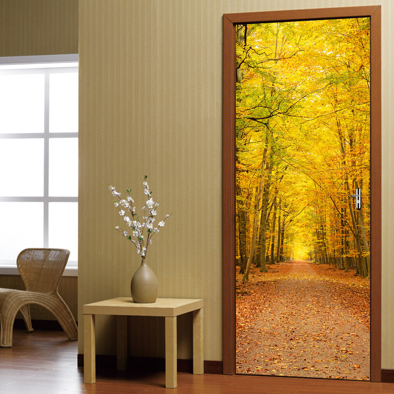 Funlife autumn fallen leaves landscape door stickers wooden door renovation self-adhesive decorative waterproof door stickers DM023