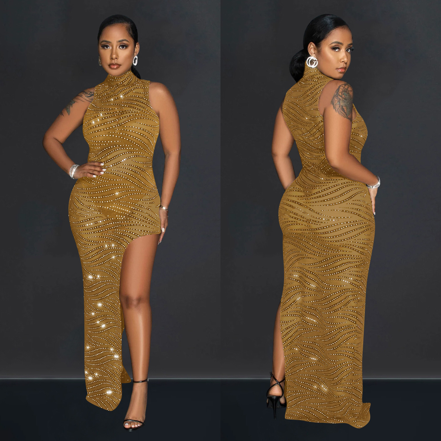 C6718 transfronteriza AliExpress Amazon Europa y América de las mujeres de moda de color sólido de malla rhinestone vestido sin mangas vestido image 5