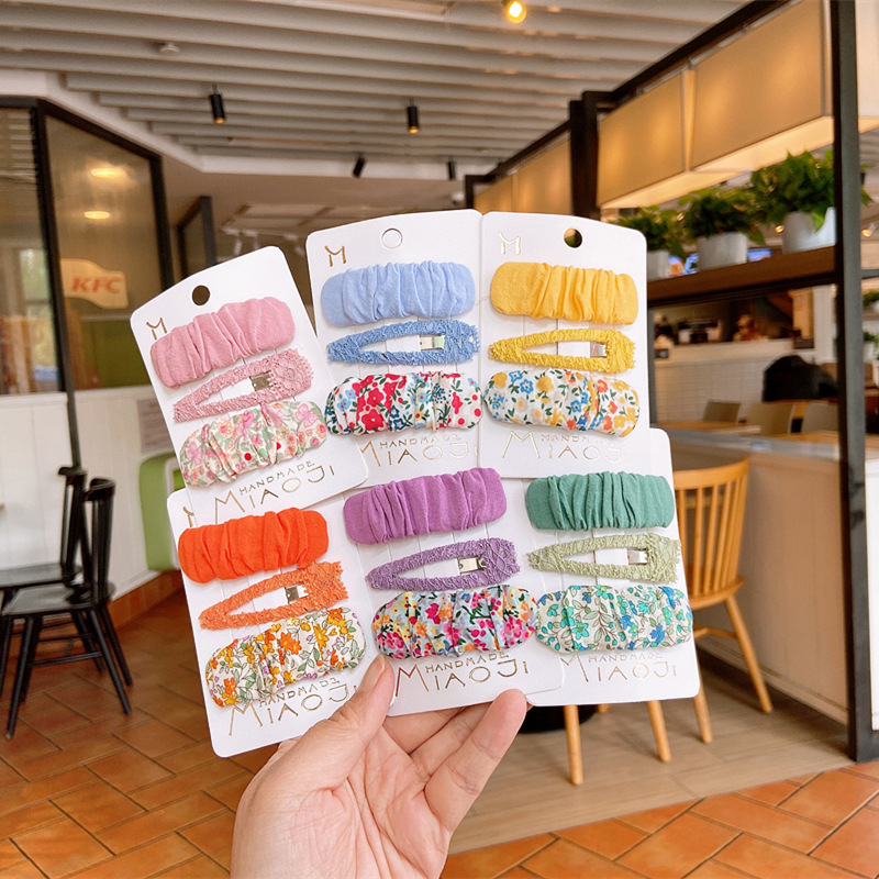 韩版新款卡通布艺碎花毛毛虫发夹女童糖果色蕾丝花边BB夹3件套装|ms