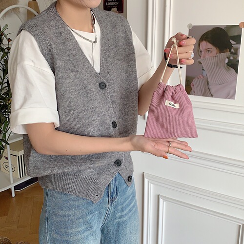 32133 Plain Corduroy Fabric Drawstring Pouch Storage Bag Women's Portable Compact Large Capacity Makeup Bag
