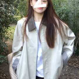 韩系春季外套女2026新款设计感宽松百搭拼接格纹翻领工装夹克上衣