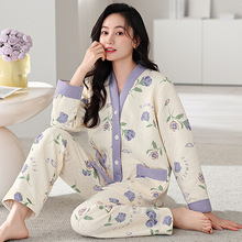 睡衣女秋冬季空气棉夹层加厚开衫和服保暖夹棉加大码家居服可外穿