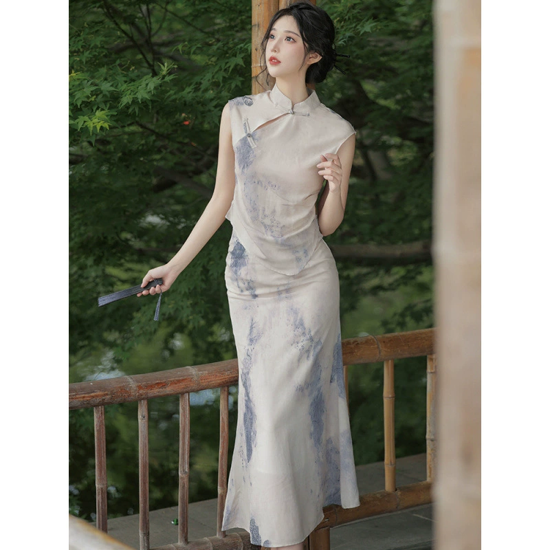 Новый китайский стиль чернил и чернил чонсам топы с высокой талией и юбкой с высокой талией, элегантное и достойное улучшенное платье летом