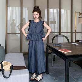 法式复古小香风花边拼接牛仔套装女2025夏季新款马甲阔腿裤两件套