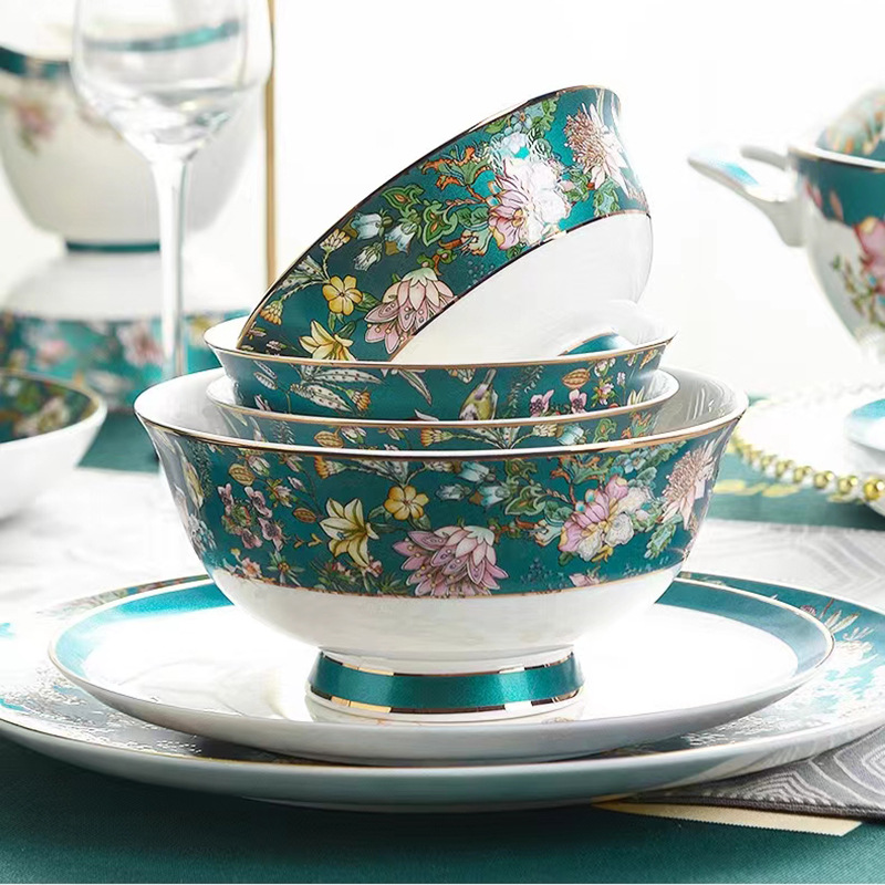 唐山中式家用琺瑯彩骨瓷碗碟菜盤米飯碗會所樣板間擺台陶瓷西餐盤