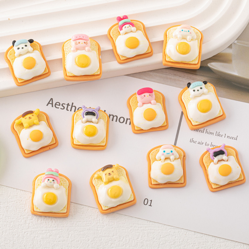 Nueva historieta Linda tostada de huevo frito animal DIY accesorios crema pegamento resina accesorios para el cabello horquilla Copa pegatinas al por mayor