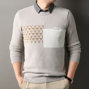 Thickened Warm Fake Two-piece Striped Lasel Sweater Men's 2024 Winter New Fashion Stretch Middle-aged Sweater
