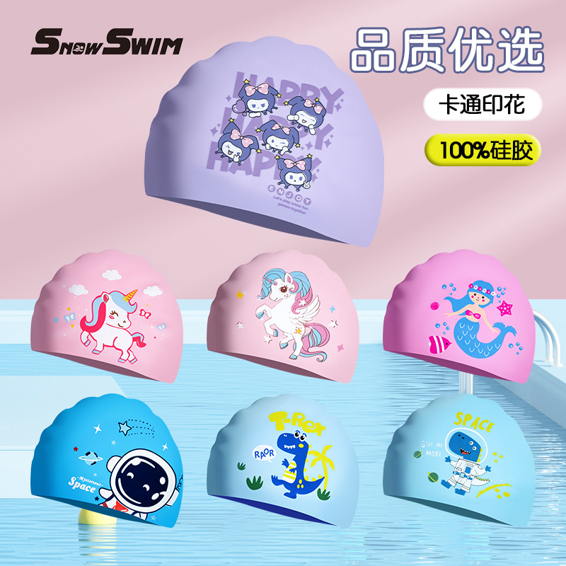 Gorro de natación de dibujos animados de silicona para niños, cabello largo para niños y niñas, protección para los oídos impermeable, gorro de natación lindo, equipo de natación
