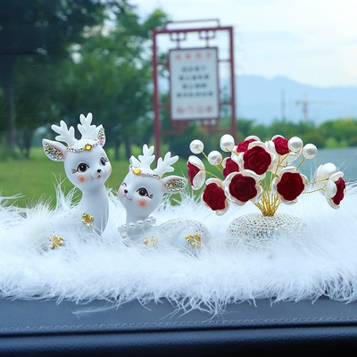 Car ornaments – Trendy Car Ornaments: Creative - white-diamond-encrusted-fairy-deer-red-rose-babys-breath-medium-hair-pad-glue-10
