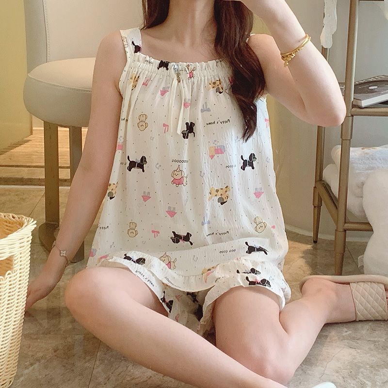 Venta al por mayor transfronteriza verano nuevo estilo tirantes pantalones cortos pijamas mujer nube algodón creativo lindo estampado ropa para el hogar se puede usar afuera