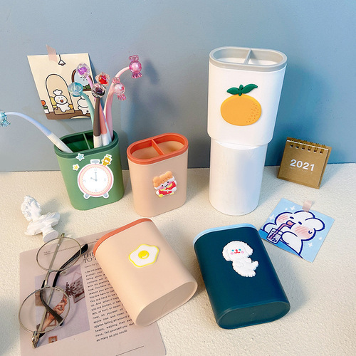 Student Cute Cartoon Pen Holder Desktop Learning Organizer Creative Makeup Brush Storage Box Printable LOGO