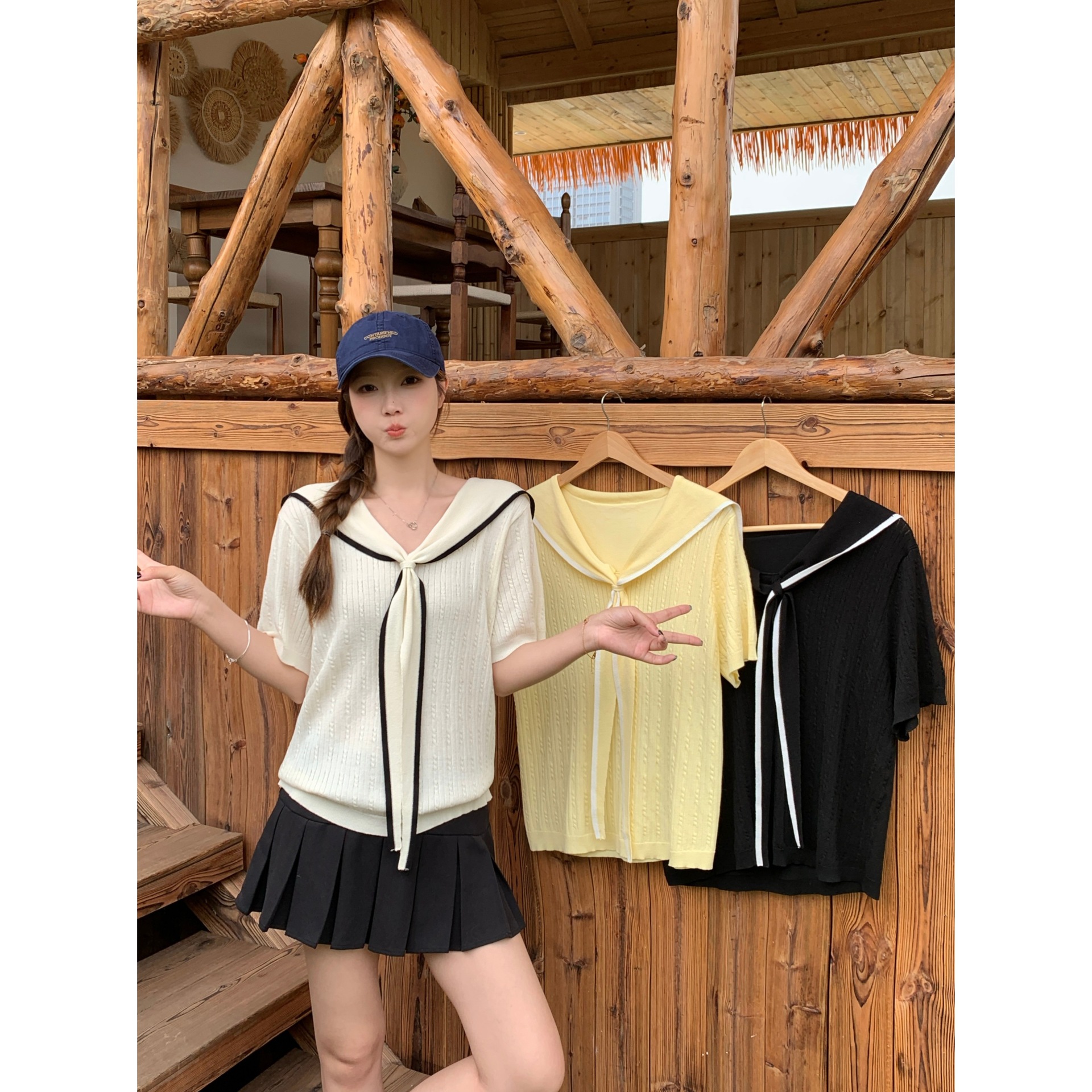 Real shot of 2026 Summer New Plus Size College Style Sailor Collar Short Sleeve Knit Top 69417