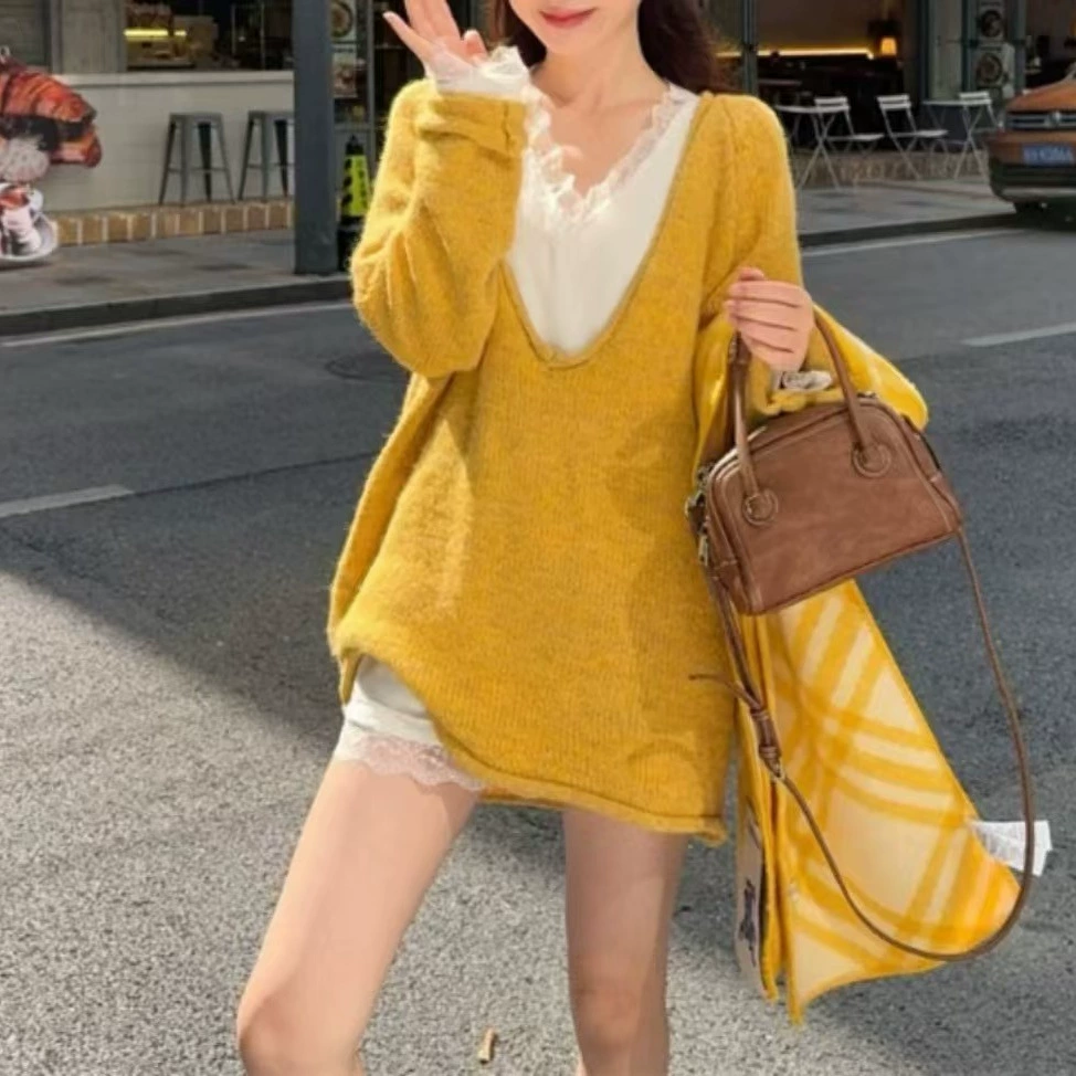 Корейский ленивый свободный мягкий клейкий большой свитер с v-вырезом женский 2024 осень и зима новый модный свитер с длинными рукавами