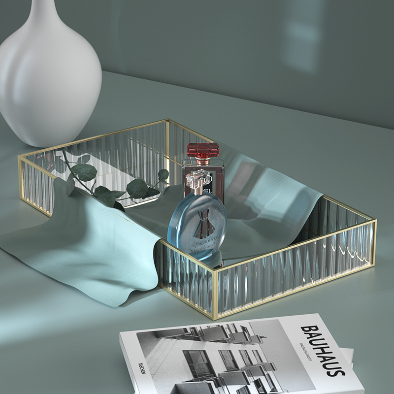 Changhong bandeja de almacenamiento de vidrio a rayas tocador caja de almacenamiento de cosméticos acabado de escritorio marco de metal espejo bandeja