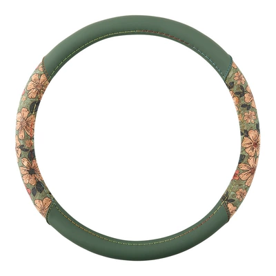 2024 new cork printed nappa leather car steering wheel cover four seasons non-slip universal men's and women's cross-border handle cover (Steering wheel cover) - green-hawaiian-flower-round-shape-38cm
