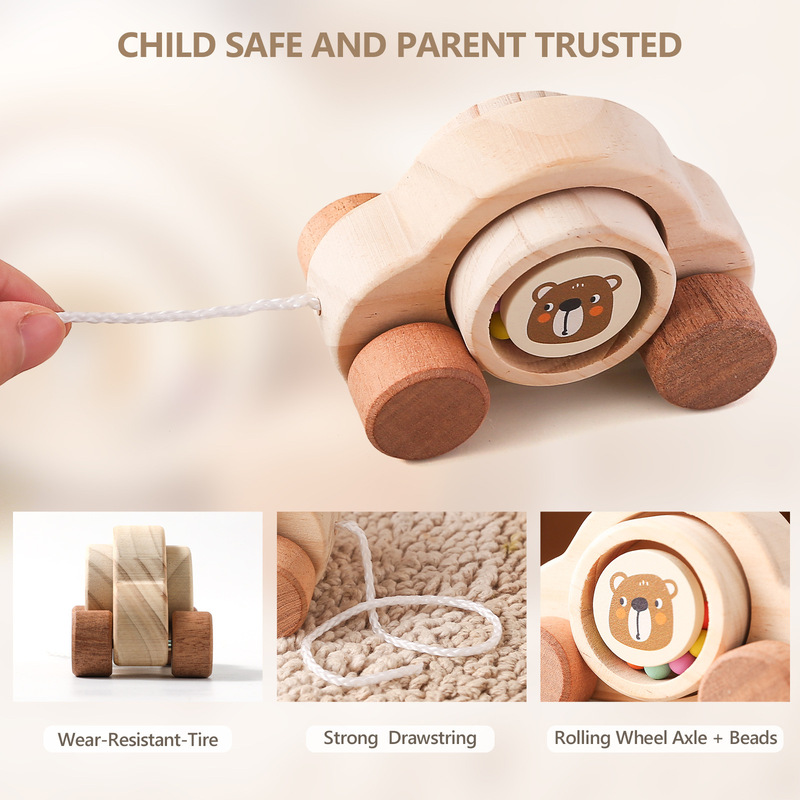 Children's world cognitive car cute cartoon wind bear ball car children's toy car natural wooden beech material Children's world cognitive car cute cartoon wind bear ball car children's toy car natural wooden beech material