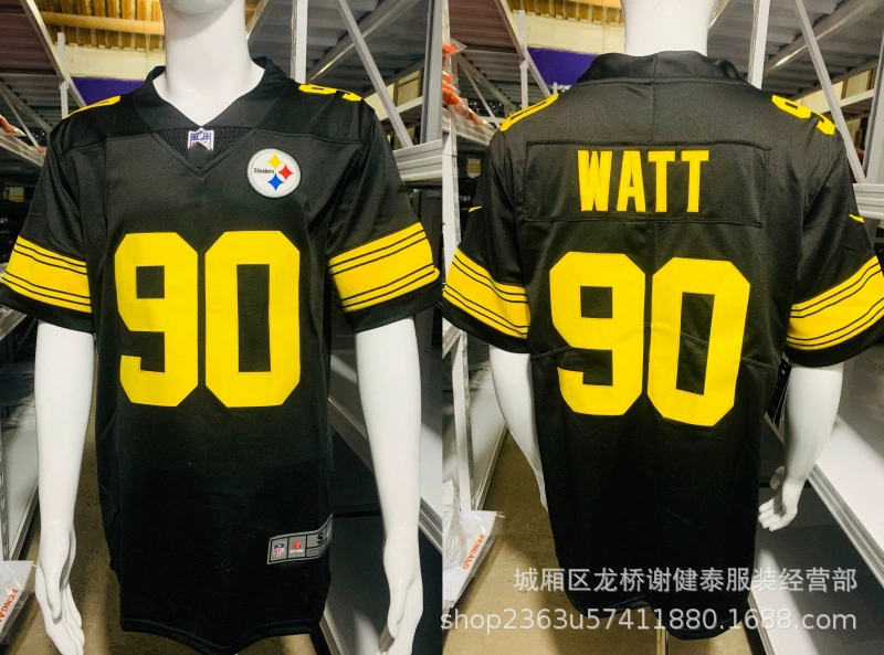 Wholesale foreign trade NFL Steelers WATT#90 PICKETT#8 Black and white game jersey rugby uniform