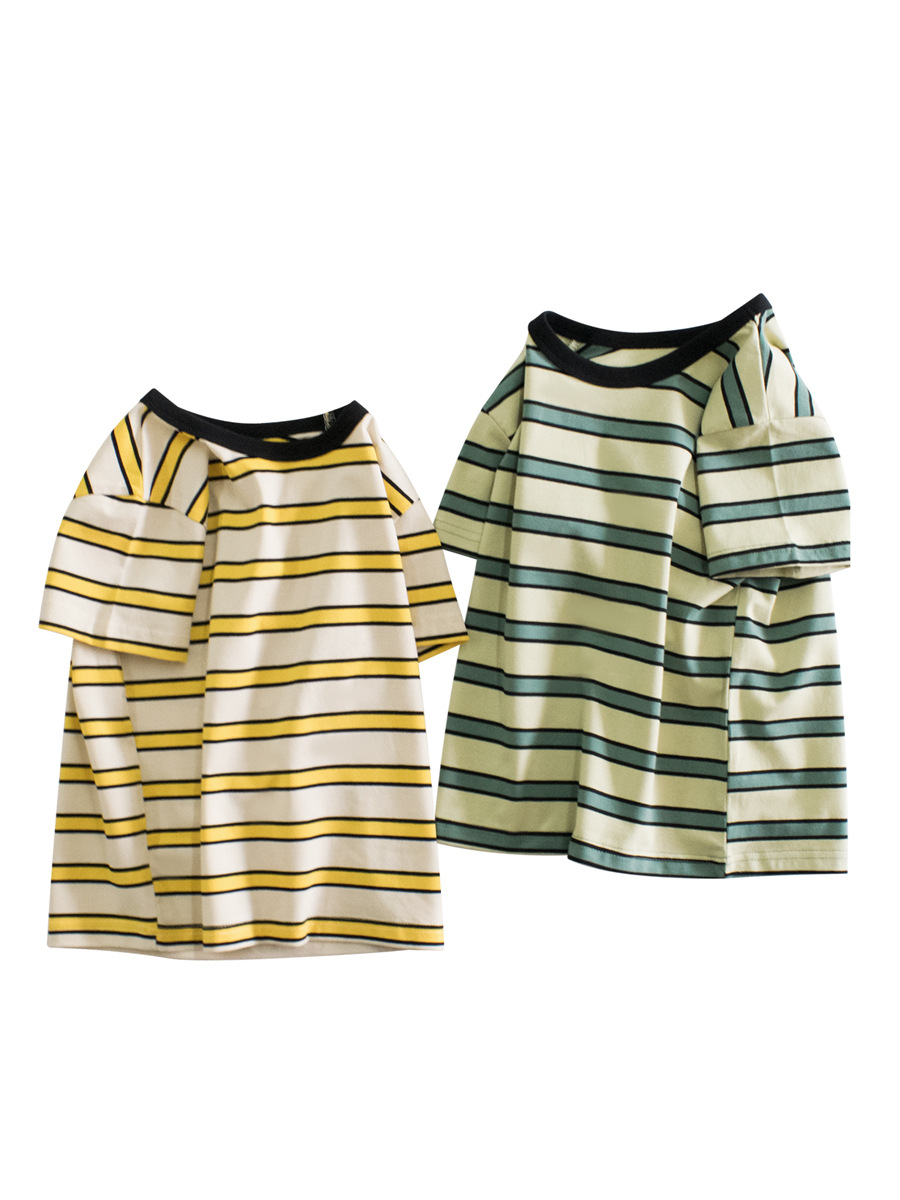27 niños, camiseta de manga corta a rayas, ropa de verano para niños, nuevo estilo coreano, top Leica de media manga, ropa de bebé a la moda